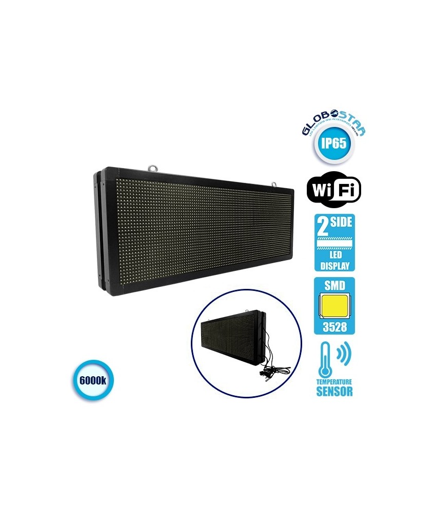 GLOBOSTAR® DISPLAY 90320 Κυλιόμενη Ψηφιακή Επιγραφή P10 Διπλής Όψης LED AC 220-240V Αδιάβροχο IP65 Ψυχρό Λευκό 6000K - WiFi Control μέσω FK APP - Αισθητήρας Θερμοκρασίας & Υγρασίας - Μ104 x Π12 x Υ40cm - 2 Χρόνια Εγγύηση